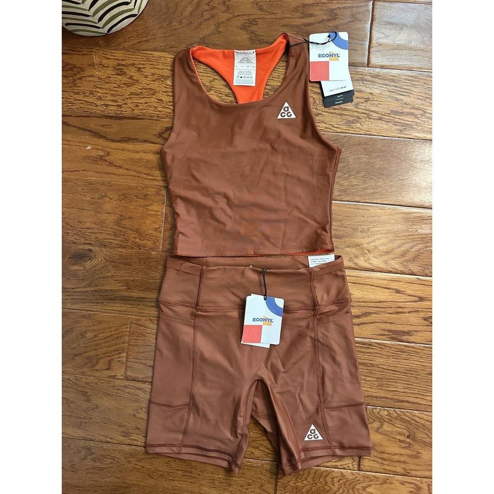NWT Nike ACG Dri-FIT ADV Reversible Tank & Shorts Set Brown Orange Women XS/S